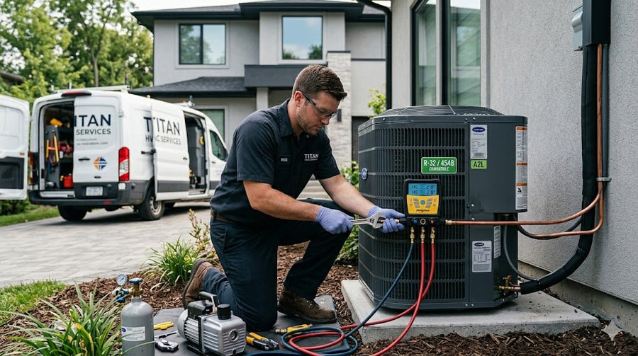 HVAC technician installing air conditioner using A2L refrigerants R-32 and R-454B