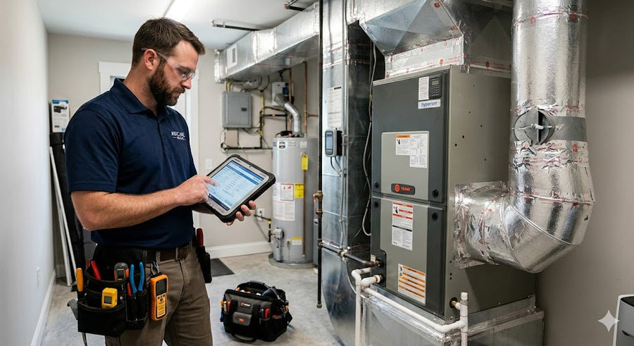 Professional HVAC technician in a modern home utility room using a tablet to perform a residential air conditioning load calculation. He is standing next to a detailed air handler and silver ductwork,