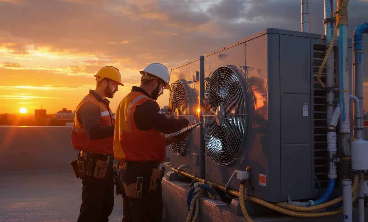 two HVAC technicians inspecting installed air conditioner condenser unit outside building