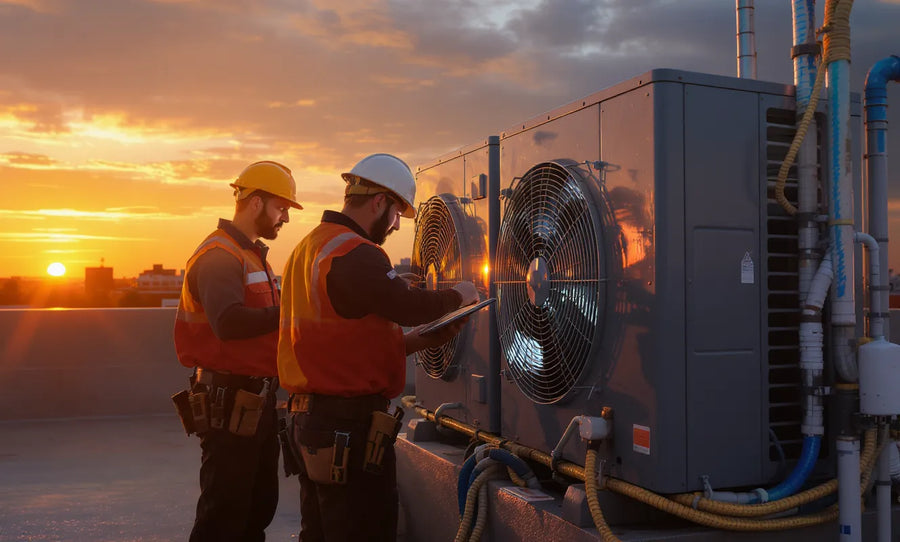 two HVAC technicians inspecting installed air conditioner condenser unit outside building