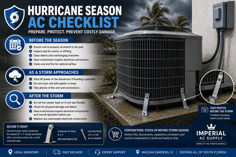 Outdoor AC condenser secured with hurricane straps and anchor bracket before storm season in South Florida