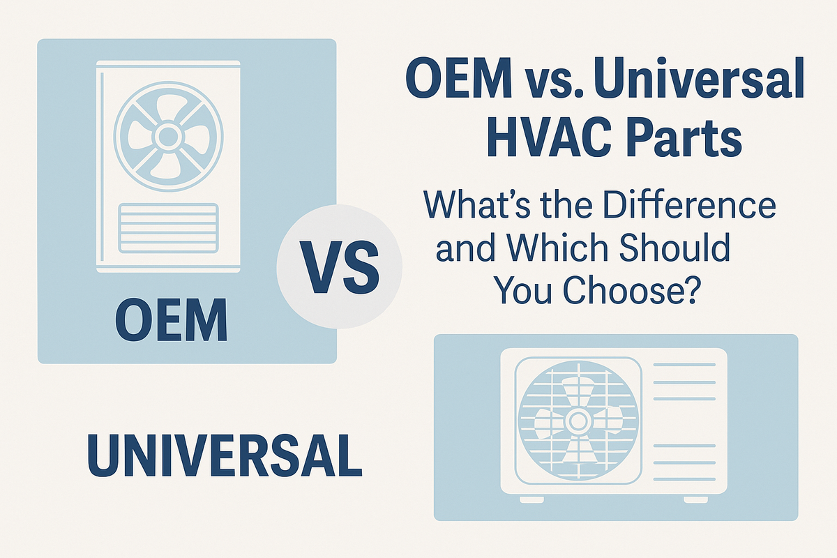 Side-by-side comparison graphic of OEM and universal HVAC parts. The left side shows an OEM unit with label, the right side shows a universal unit, separated by a ‘VS’ symbol, with the blog post title