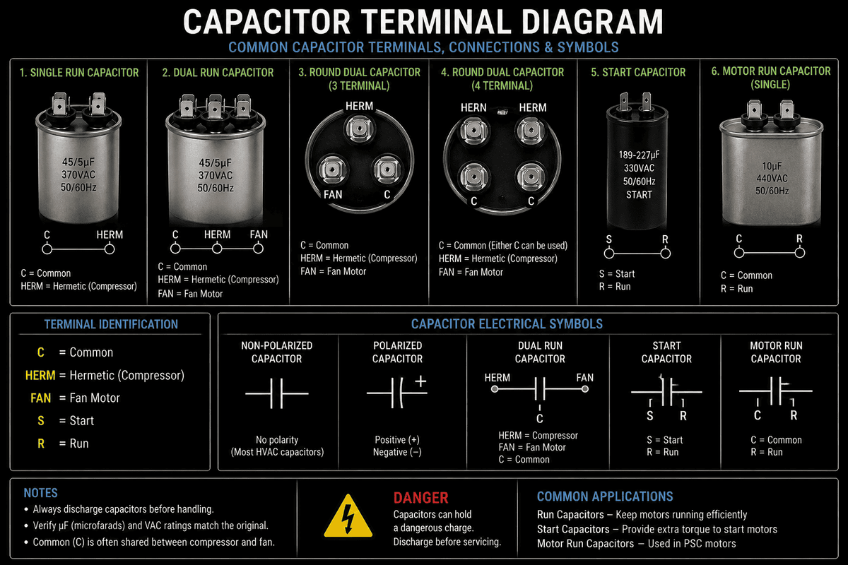 Dual run AC capacitor wiring diagram showing C, HERM, and FAN terminals with MFD tolerance for HVAC troubleshooting