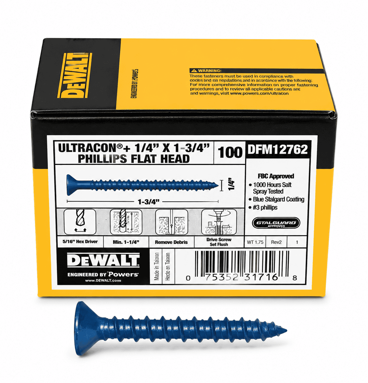 DeWalt Ultracon+ 1/4" x 1-3/4" Blue Hex Washer Head Concrete Screw Anchor DFM12722