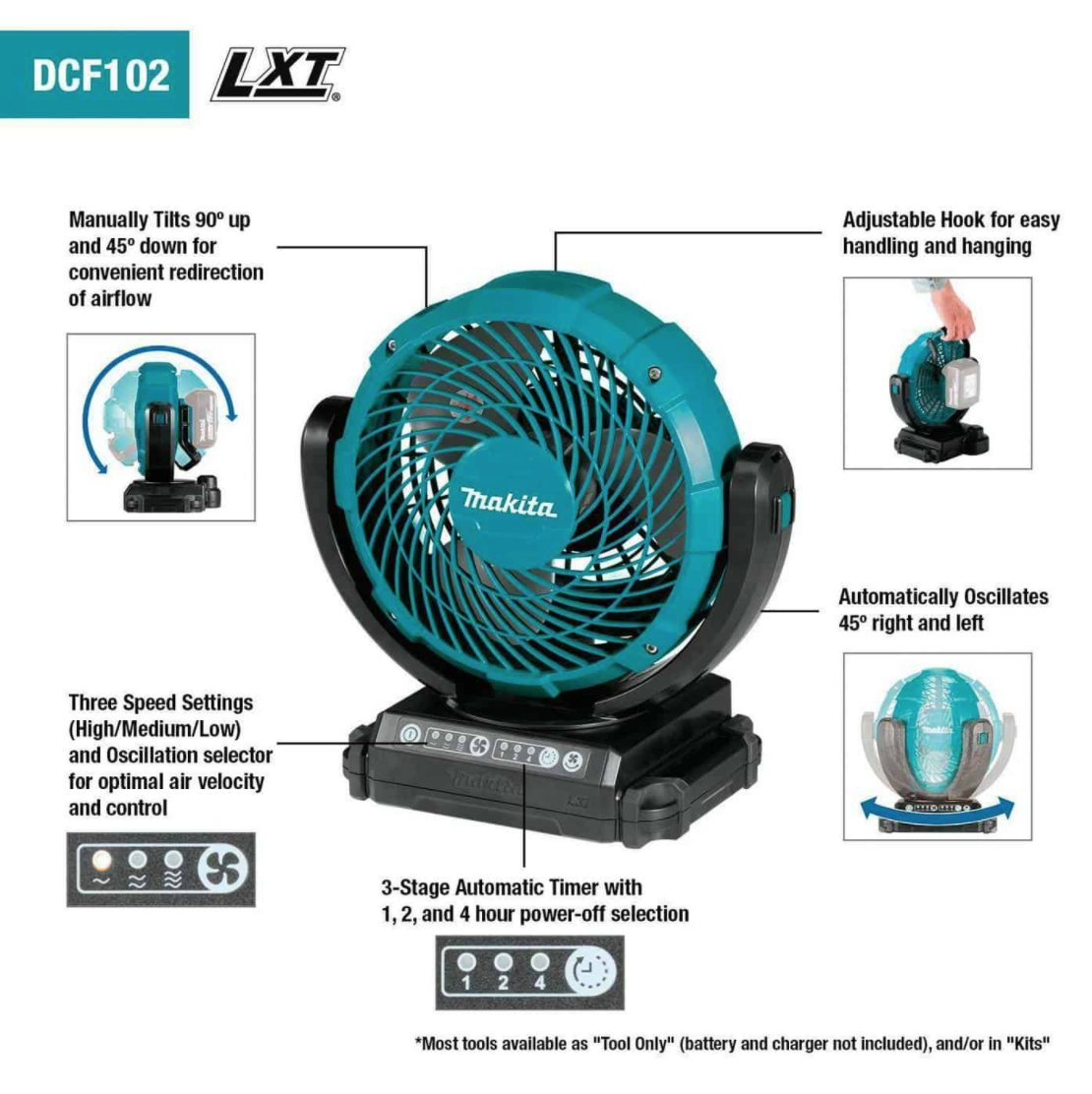 Makita® DCF102Z 18V LXT® Lithium‑ION Cordless 7‑1/8″ Fan, Tool Only