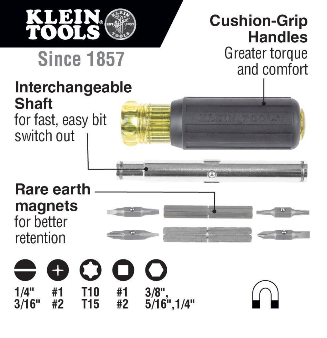 Klein Tools 32500MAG-11-in-1 Magnetic Multi-Bit Screwdriver/Nut Drive