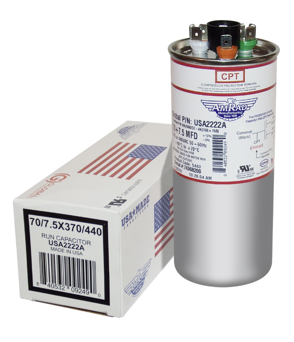 AmRad 70+7.5 USA 2222A Oval Run Capacitor – 70+7.5 µF, 370/440V Dual Voltage, Oval Motor Run Capacitor