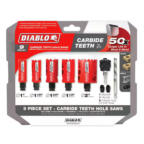 Diablo DHS09SGPCT 9-Piece General Purpose Carbide Hole Saw Set – SnapLock PLUS Mandrel System
