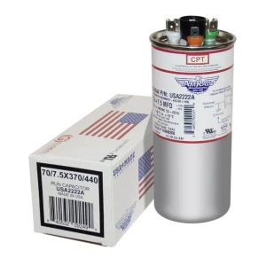 AmRad 70+7.5 USA 2222A Oval Run Capacitor – 70+7.5 µF, 370/440V Dual Voltage, Oval Motor Run Capacitor - Image 1