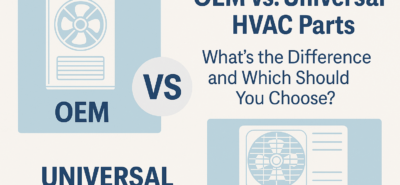 Side-by-side comparison graphic of OEM and universal HVAC parts. The left side shows an OEM unit with label, the right side shows a universal unit, separated by a ‘VS’ symbol, with the blog post title ‘OEM vs. Universal HVAC Parts: What’s the Difference and Which Should You Choose