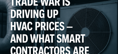 Headline text overlay on industrial HVAC equipment background with metal ductwork and a large condenser unit, illustrating the impact of the 2025 trade war on HVAC prices.