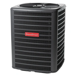 Side Angle of Goodman GLXS4MA1810 Central Air Conditioner with Powder-Coated Steel Finish