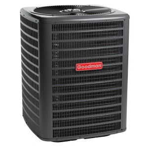 Goodman 1.5‑Ton R‑32 AC Condenser Front View with Louvered Cabinet and Top Fan