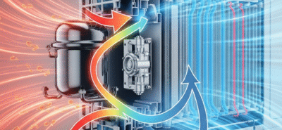 Detailed cutaway illustration of an air conditioner showing warm air intake, cool air output, and the refrigerant cycle through the compressor, condenser, expansion valve, and evaporator coils.