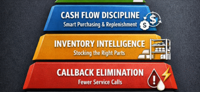 The Contractor Profit Stack infographic showing the five layers top HVAC contractors use to increase profit: speed of install, callback elimination, inventory intelligence, cash flow discipline, and client perception, branded by Imperial AC Supply.