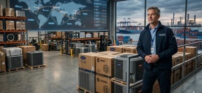 HVAC contractor standing in warehouse with air conditioning units, global supply chain map, cargo ship, and industrial port representing HVAC logistics and geopolitical supply impact
