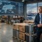 HVAC contractor standing in warehouse with air conditioning units, global supply chain map, cargo ship, and industrial port representing HVAC logistics and geopolitical supply impact
