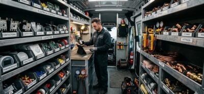 HVAC service truck stocked with essential parts including capacitors, contactors, copper fittings, and tools for on-site repairs