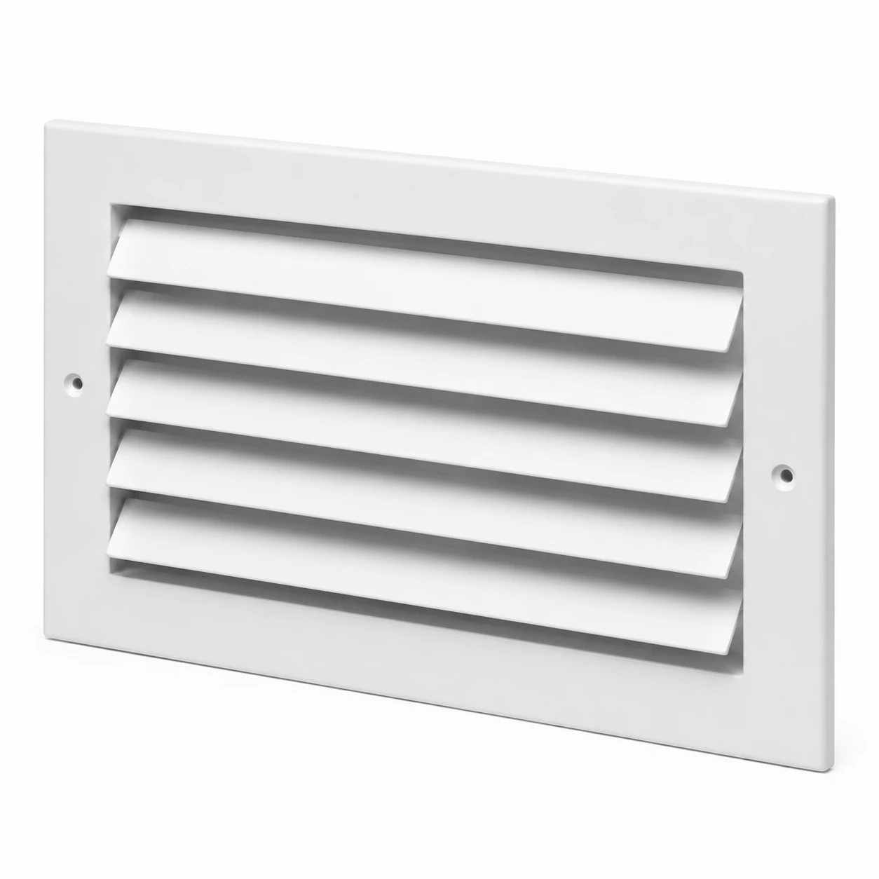 White 18 x 8 ceiling air grille shown from an angled side perspective with horizontal louvers