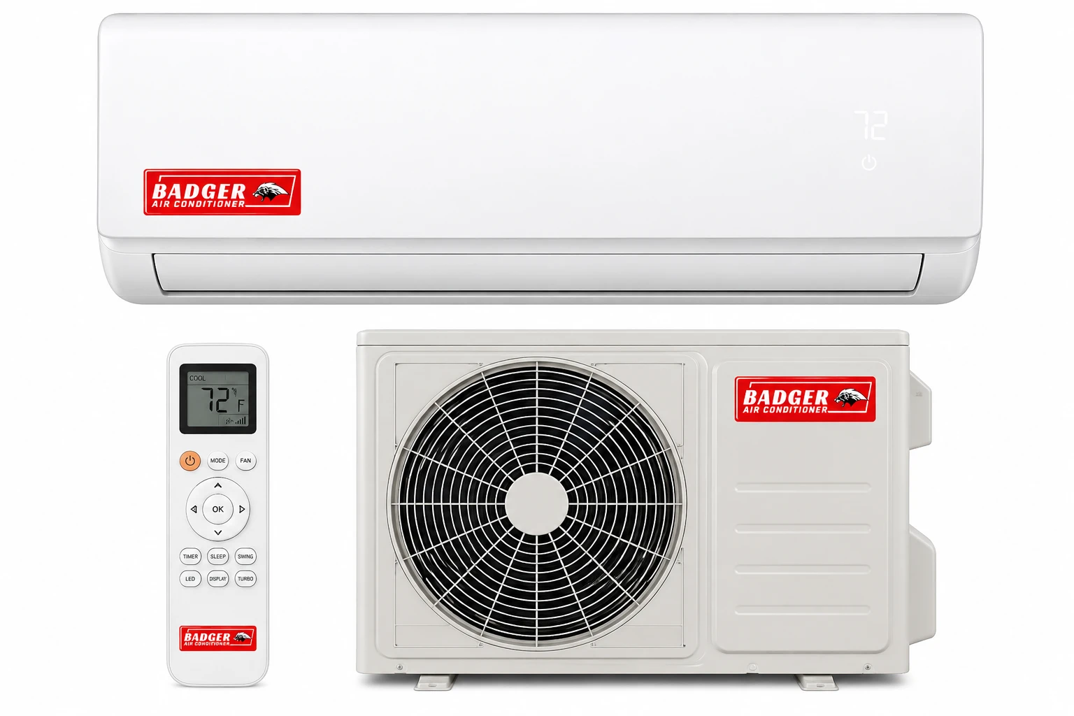 Badger 12000 BTU 18 SEER 220V heat pump mini split system with indoor air handler and outdoor condenser
