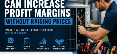 HVAC technician servicing a residential air conditioning condenser while illustrating strategies HVAC contractors can use to increase profit margins without raising prices. Imperial AC Supply blog covering business efficiency, installation quality, inventory management, and contractor success.
