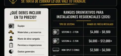 Cuánto debe cobrar un contratista HVAC en 2026 guía visual con tabla de precios por tonelaje y costos de instalación aire acondicionado