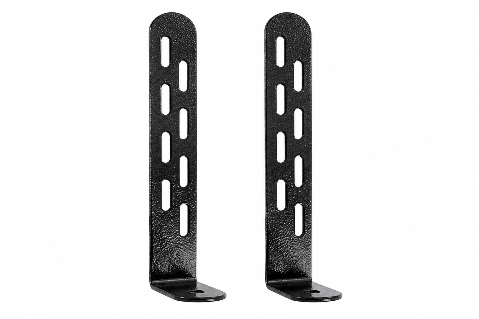 Pair of black powder-coated steel condenser tie down brackets with slotted mounting holes, designed to securely anchor HVAC air conditioner and heat pump outdoor condensing units.
