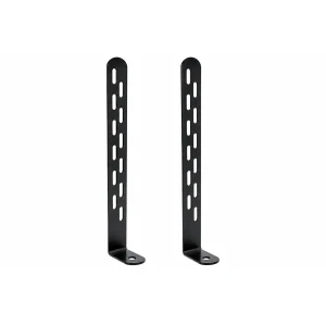 Pair of black powder-coated steel 8" x 1" condenser tie down brackets with slotted mounting holes, designed to securely anchor outdoor HVAC air conditioner and heat pump condensing units.
